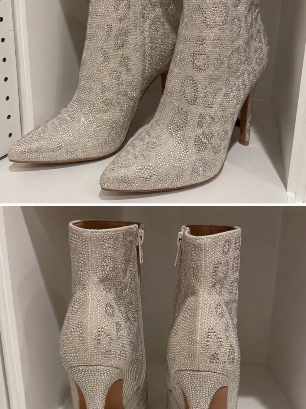 Crystal-Embellished Cream Pointed-Toe Stiletto Ankle Boots